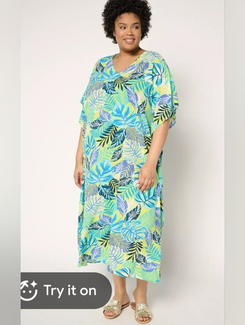 Brandis Tropical Leaf Cover-Up Caftan in Blue and Green